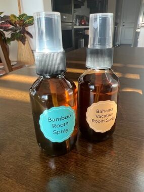 Hand Crafted Bamboo & Bahama Vacation Room Sprays - Aqua Blue & Peach Labels